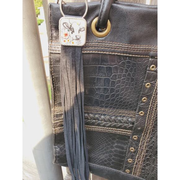 Handmade cow lover boho Leather Fringe Western bag charm, Long fringe keychain - Picture 3 of 3